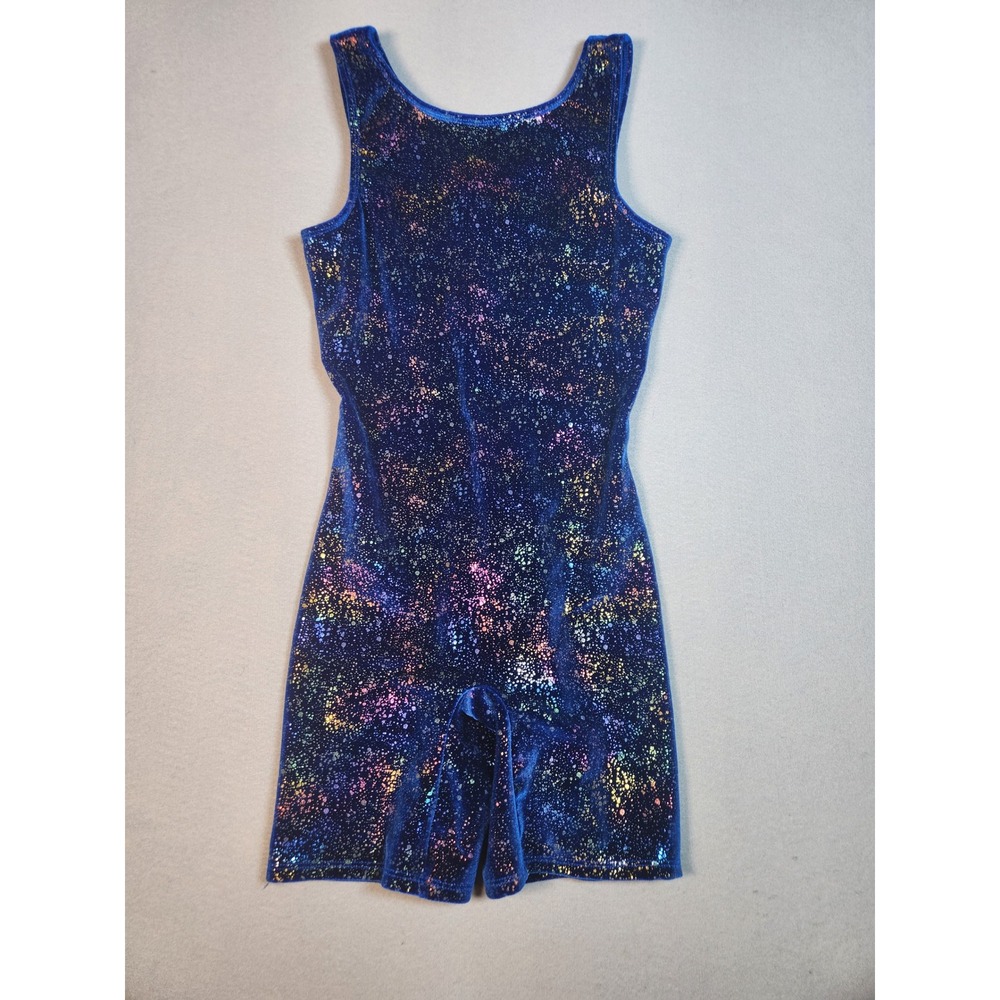 Danskin Girls Blue Velvet Foil Splatter Biketard Gymnastics Dance Size 14-16